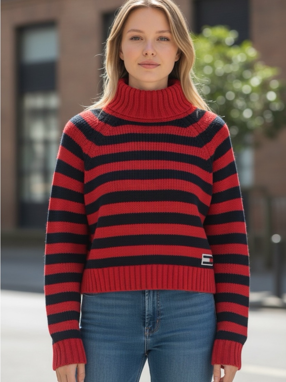 Tommy Jeans Red Navy Striped Mock Neck Chunky Knit Sweater | Cozy Preppy